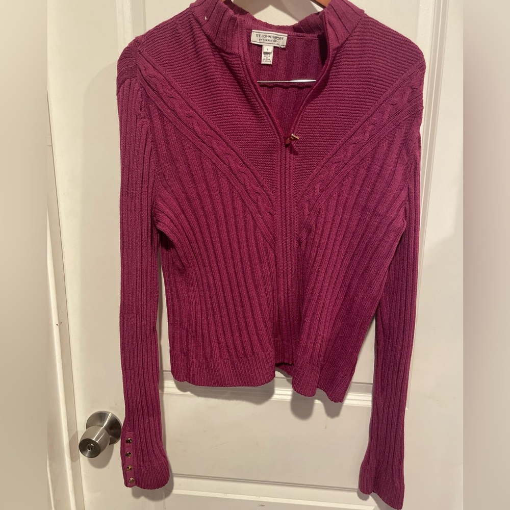 St.John Sport Wool Blend Ribbed Zip-Front Cardigan Sweater in Magenta Size Large